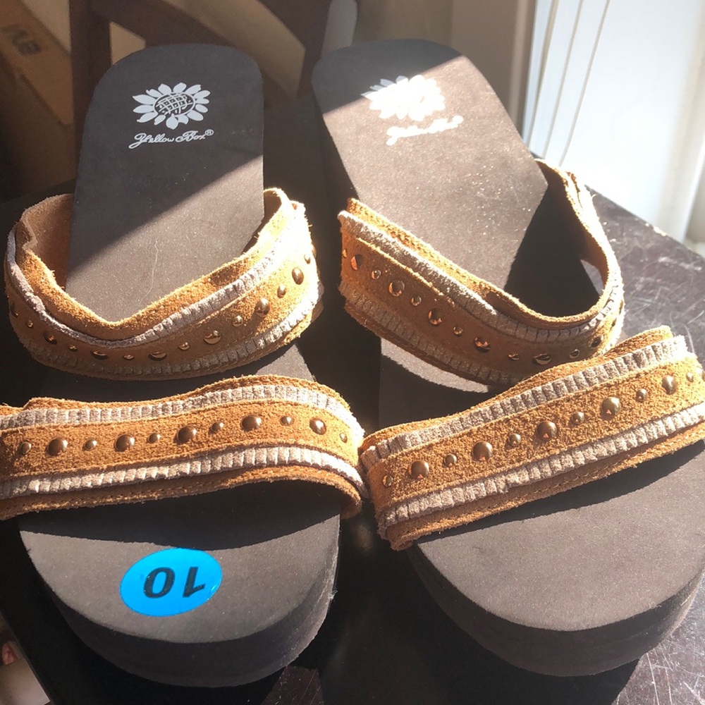 Yellow Box brown two strap slip on sandals size 10